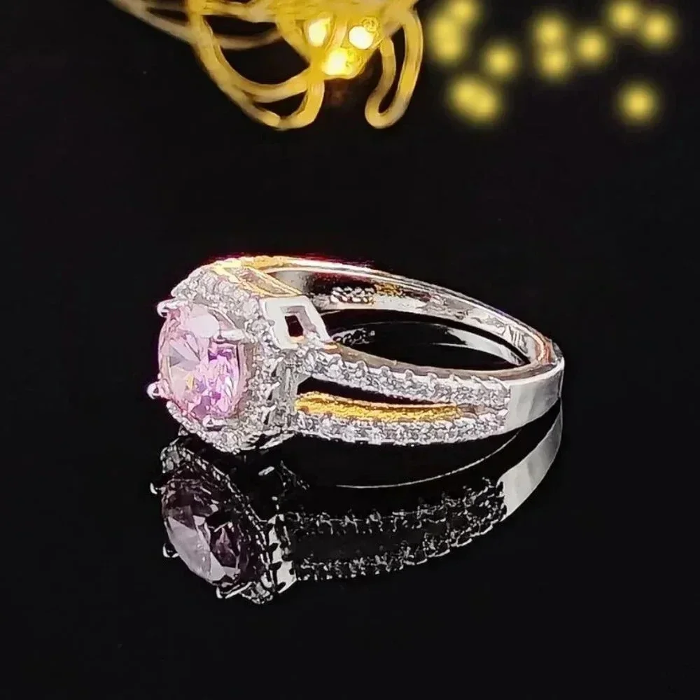 Pink Sapphire Round Brilliant Cut Halo Diamond Ring & Earring Set